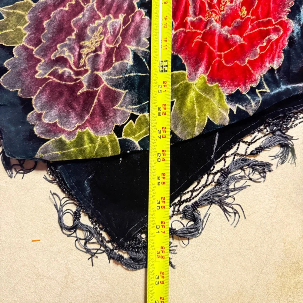 Coldwater Creek Velvet Peacock Floral Fringe Shawl Wrap